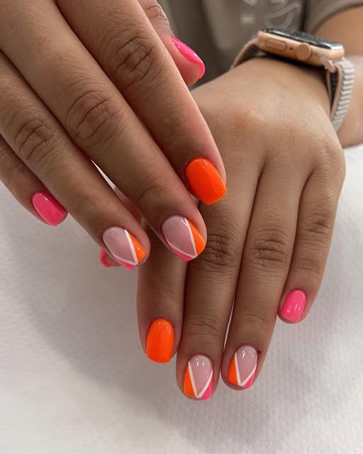 Nail art O'ling Nail Bar - colori fluo arancio e fucsia